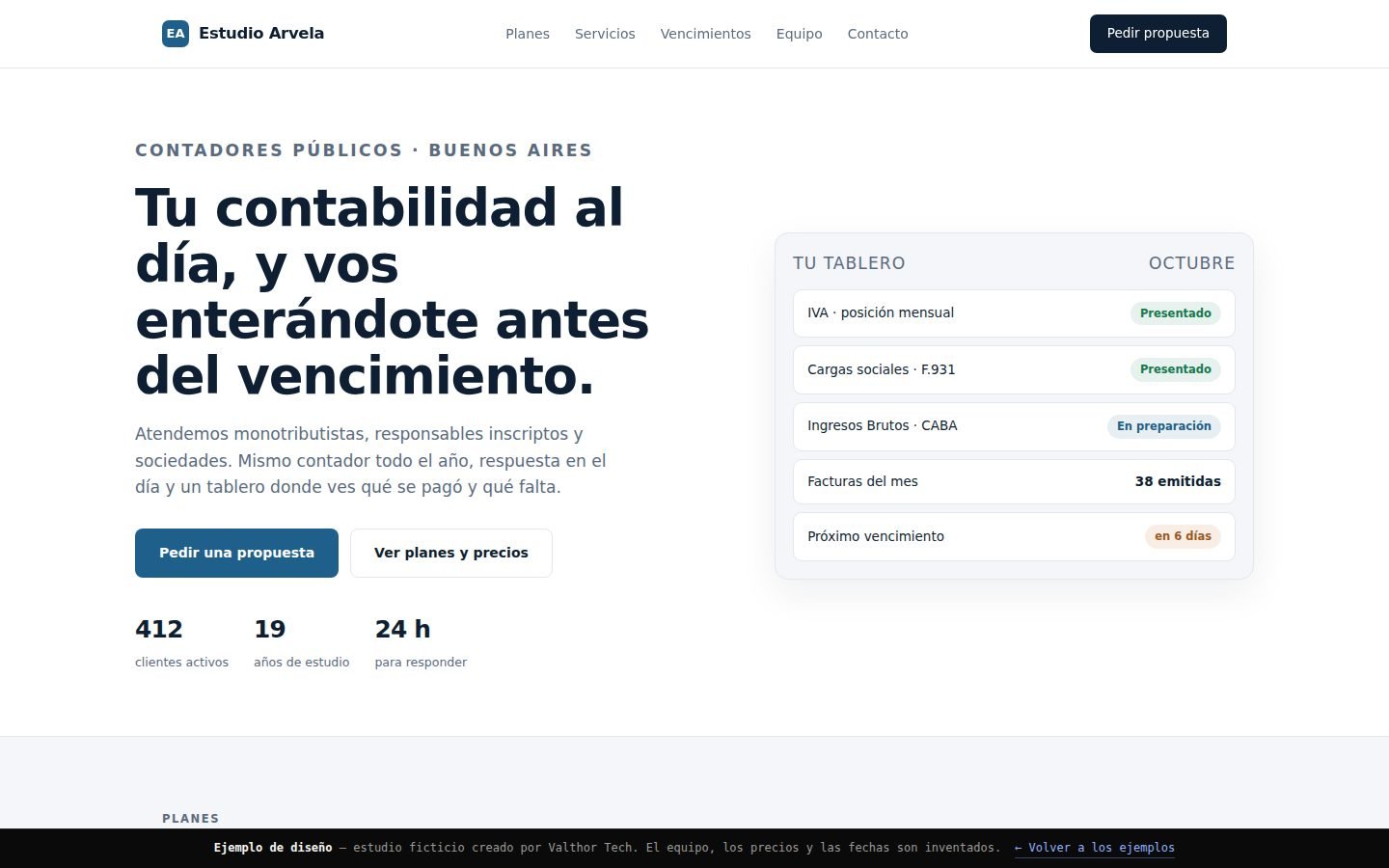 Vista del ejemplo Estudio Arvela, sitio de estudio contable y servicios profesionales