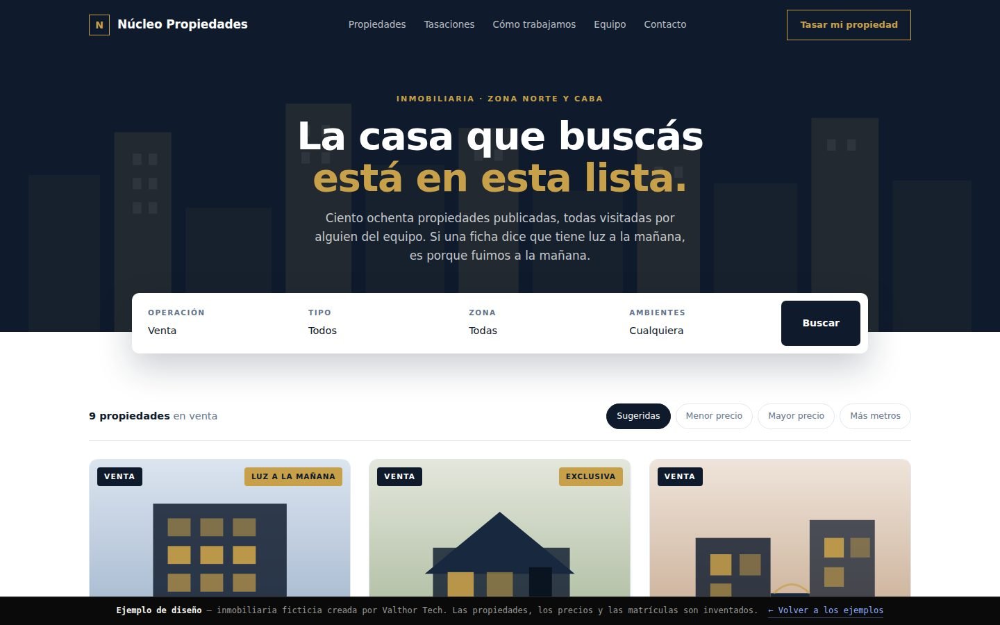Vista del ejemplo Núcleo Propiedades, sitio de inmobiliaria