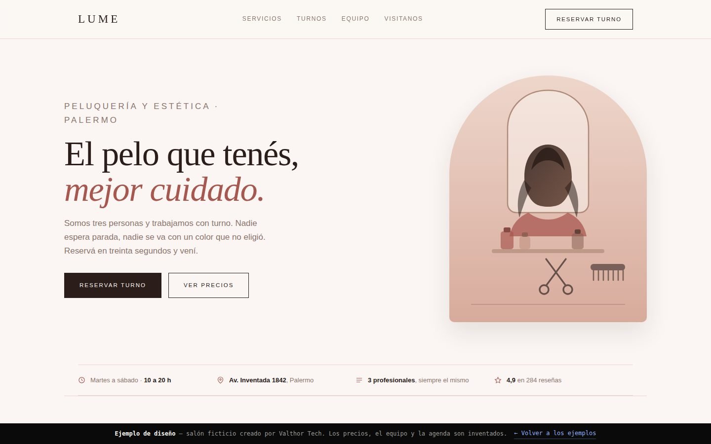 Vista del ejemplo Salón Lume, sitio de peluquería y estética