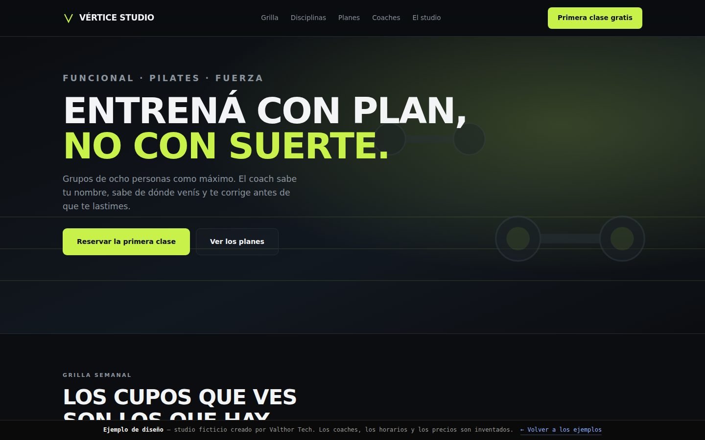 Vista del ejemplo Vértice Studio, sitio de gimnasios y bienestar