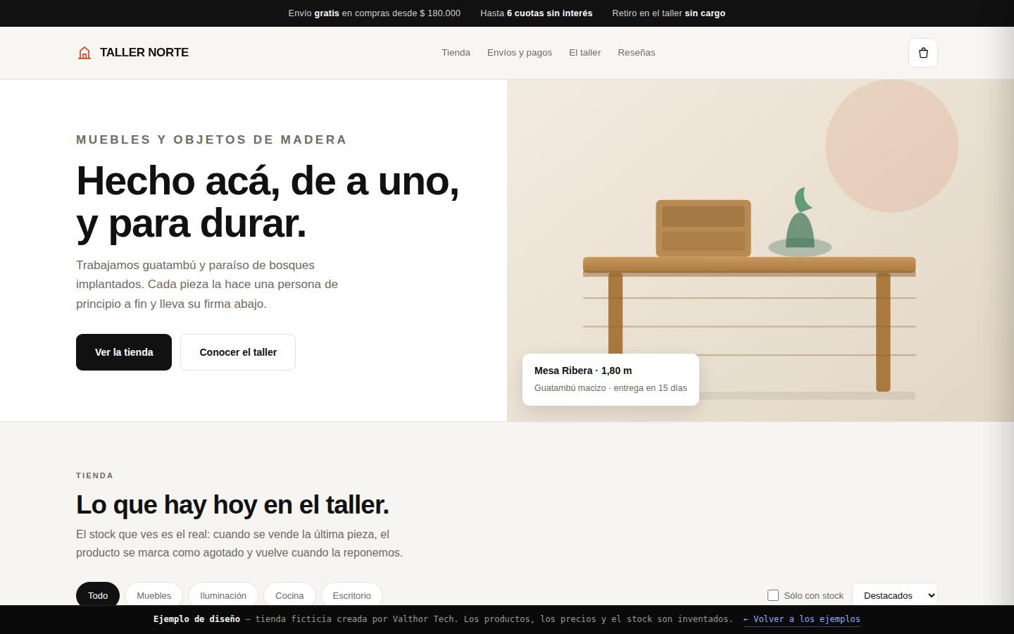 Vista del ejemplo Taller Norte, sitio de e-commerce